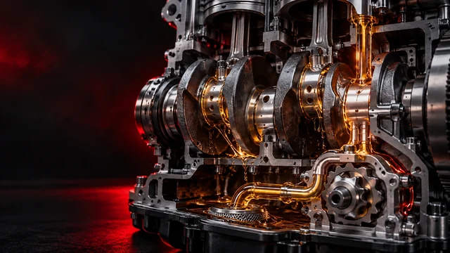 Illustration eines Motors mit Kolben, Kurbelwelle und Ölpumpe in gettuned-Rot