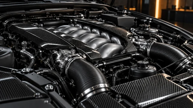 Detailaufnahme eines modernen Motors mit metallischen und Carbon-Oberflächen