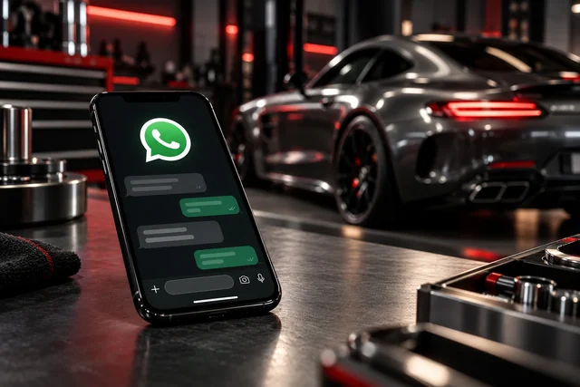 Smartphone mit WhatsApp-Chat in einer Fahrzeugwerkstatt
