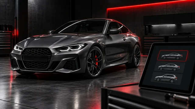 Sportcoupé und Fahrzeugauswahl auf einem Tablet