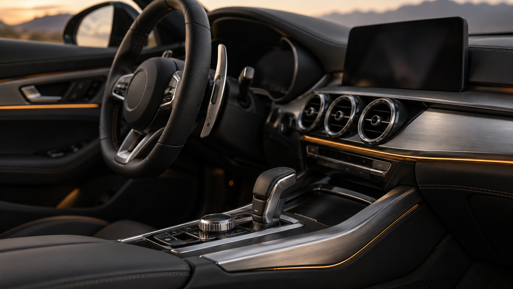Detail eines Cockpits mit Automatik-Wählhebel und Schaltwippen