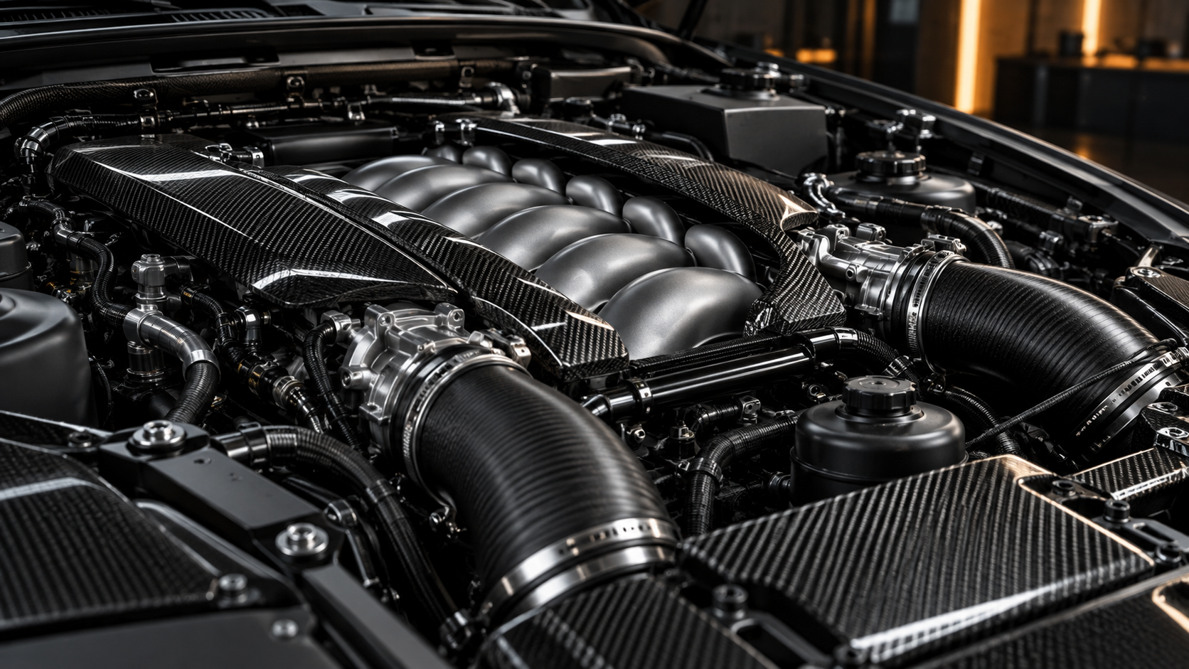 Detailaufnahme eines modernen Motors mit metallischen und Carbon-Oberflächen