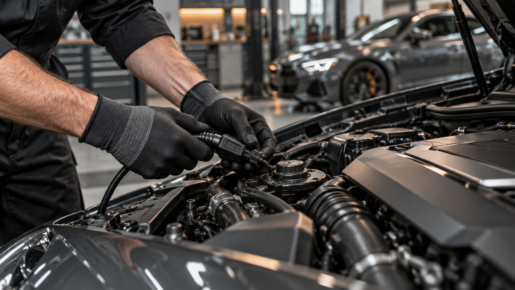 Symbolmotiv: präzise Diagnosearbeit am Motorraum
