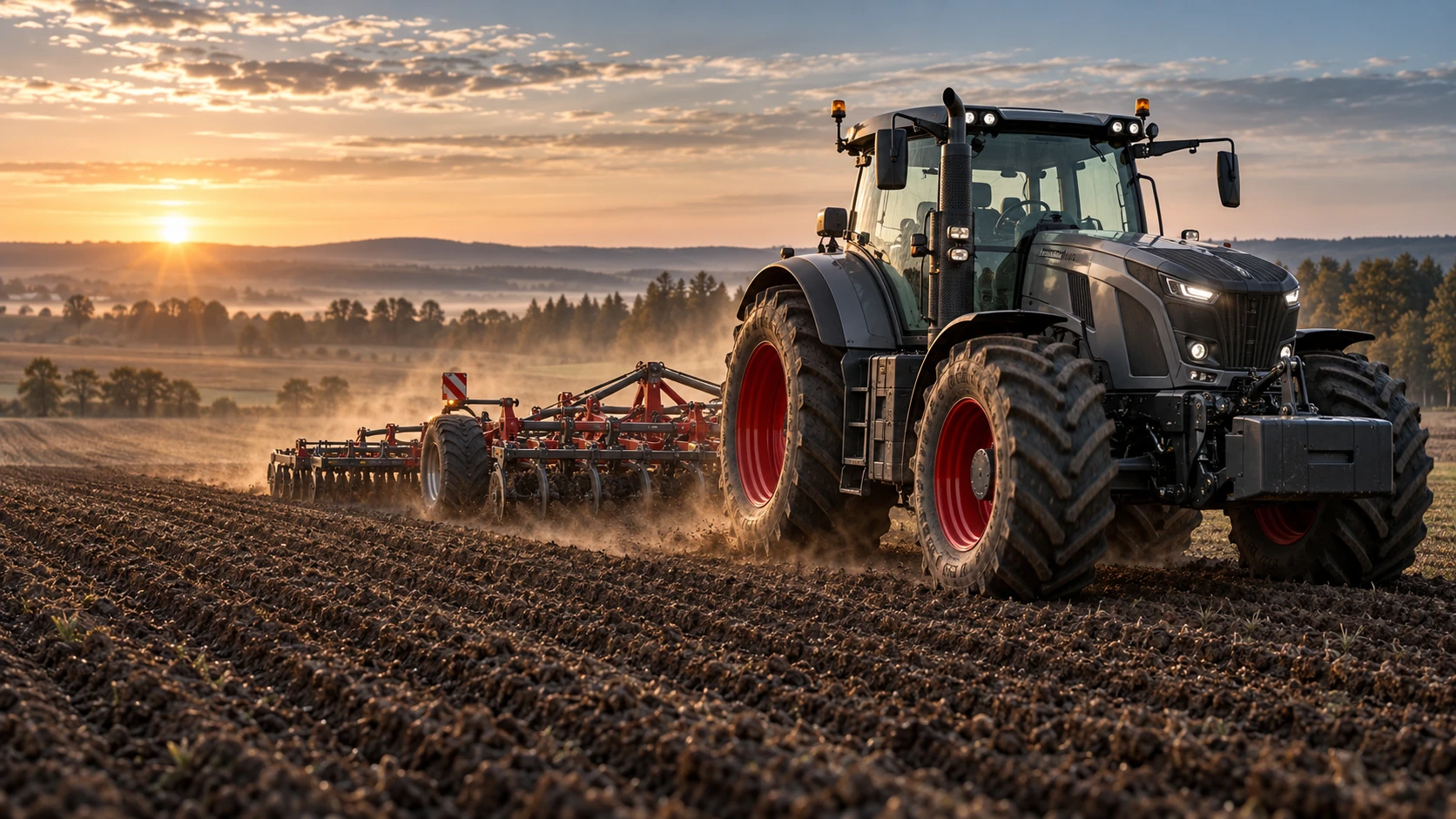 Traktor mit Bodenbearbeitungsgerät auf einem Feld im Morgenlicht