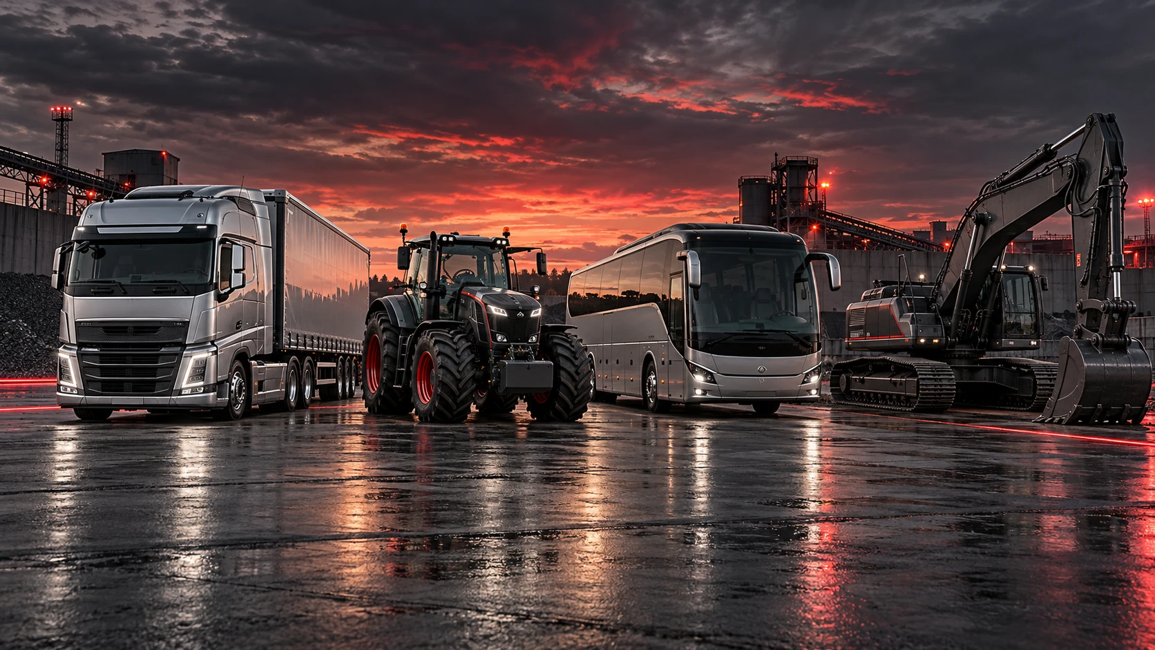 LKW, Traktor, Reisebus und Kettenbagger in einer gemeinsamen Fahrzeugvisualisierung